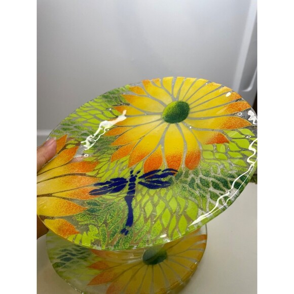 Sydenstricker Fused Glass Plate Handmade signed Orange Flower & Dragonfly - Picture 7 of 9